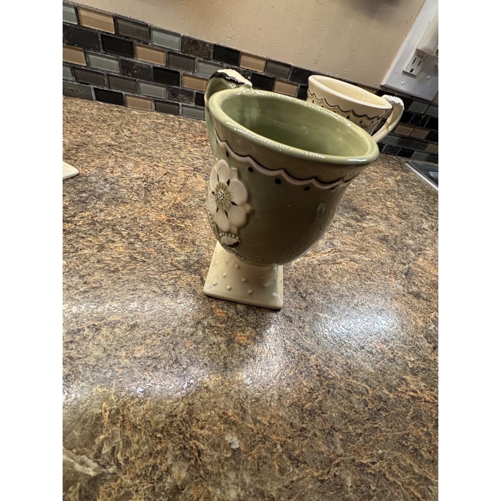 Ceramic Footed Floral Mugs Set of 3 Sage Green Cream Cottage core - Picture 8 of 11